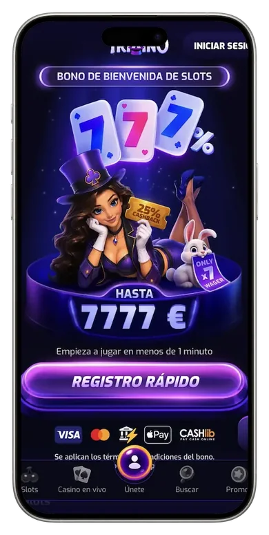 Trixino Casino en el navegador de un móvil, con la interfaz en español, el bono de bienvenida del 777 % y el botón Iniciar sesión