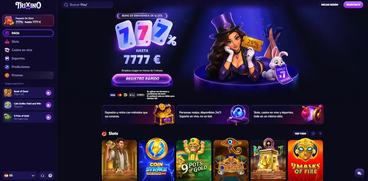 Lobby de Trixino Casino en el ordenador con la interfaz en español: bono de bienvenida del 777 %, menú Slots, Casino en vivo y Deportes, y las tragaperras Book of Dead, Coin Strike y 9 Pots of Gold